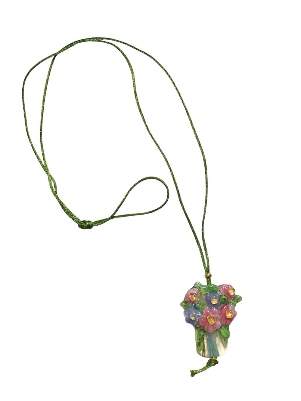 Handmade Lampwork Pink Purple Flower Bouquet Artisan Glass Bead Pendant Necklace